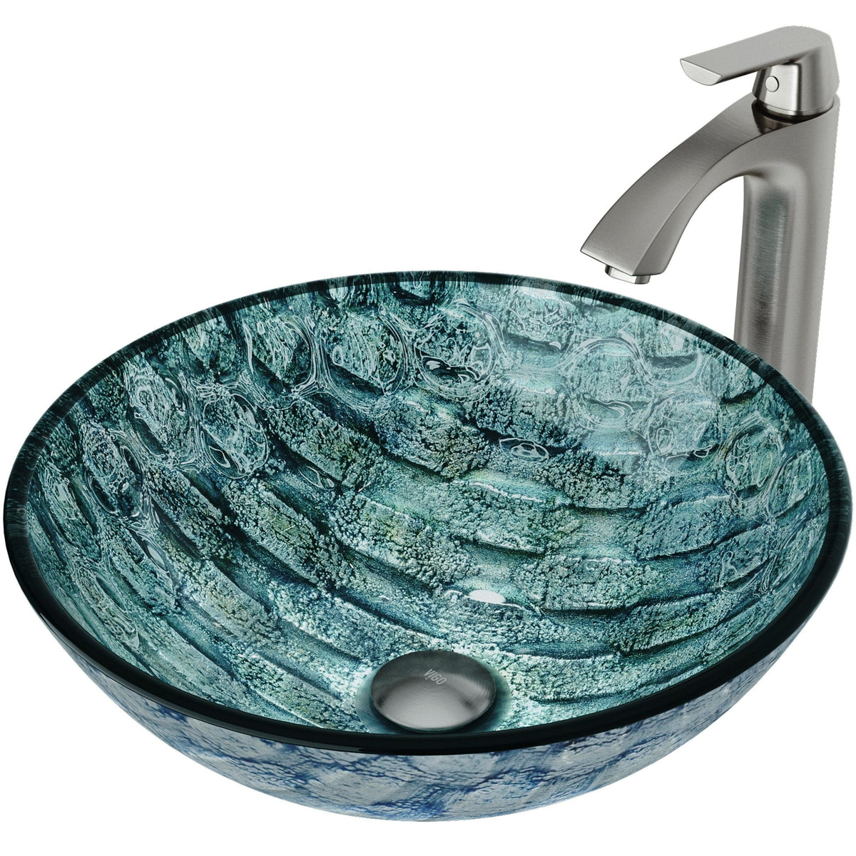 Glass Oceania Blue Bathroom Sink/Basin Set with Linus Faucet and Round Vessel