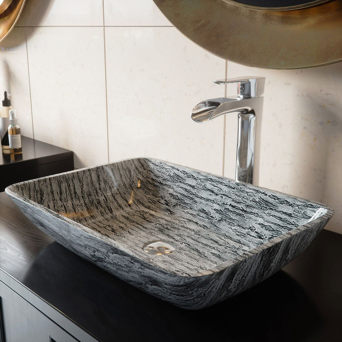 Glass Rectangular Vessel Bathroom Sink/Basin with Rounded Edges & Deep Bowl, Titanium