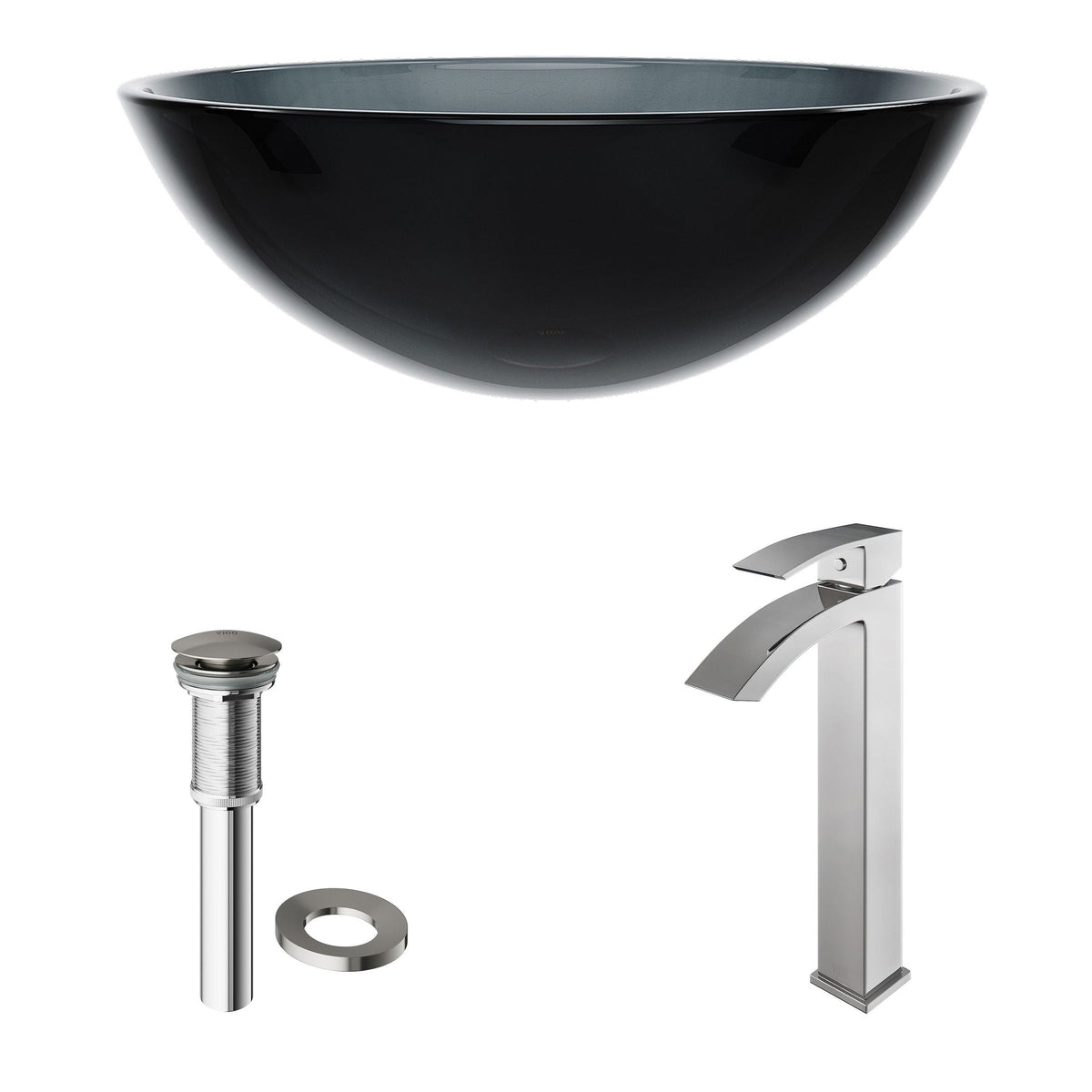 Glass Sheer Black Bathroom Sink/Basin Set with Duris Faucet and Round Vessel