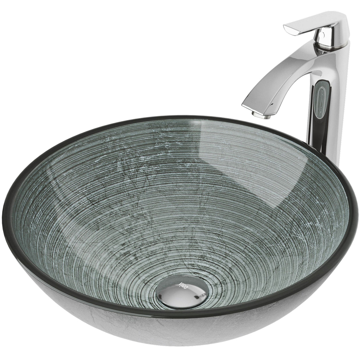 Glass Simply Silver Bathroom Sink/Basin Set with Linus Faucet and Round Vessel