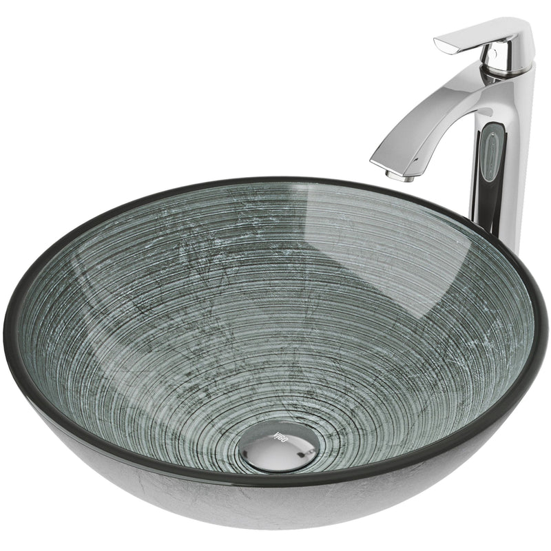 Glass Simply Silver Bathroom Sink/Basin Set with Linus Faucet and Round Vessel D6994