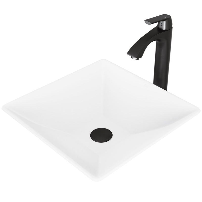 Hibiscus White Bathroom Sink/Basin Set with Linus Faucet and Square Composite Vessel E410