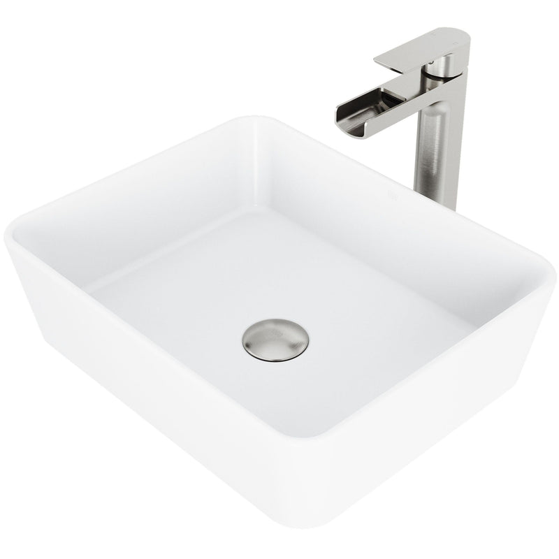 Marigold Matte White Bathroom Sink/Basin Set with Amada Faucet and Rectangular Composite Vessel H1688