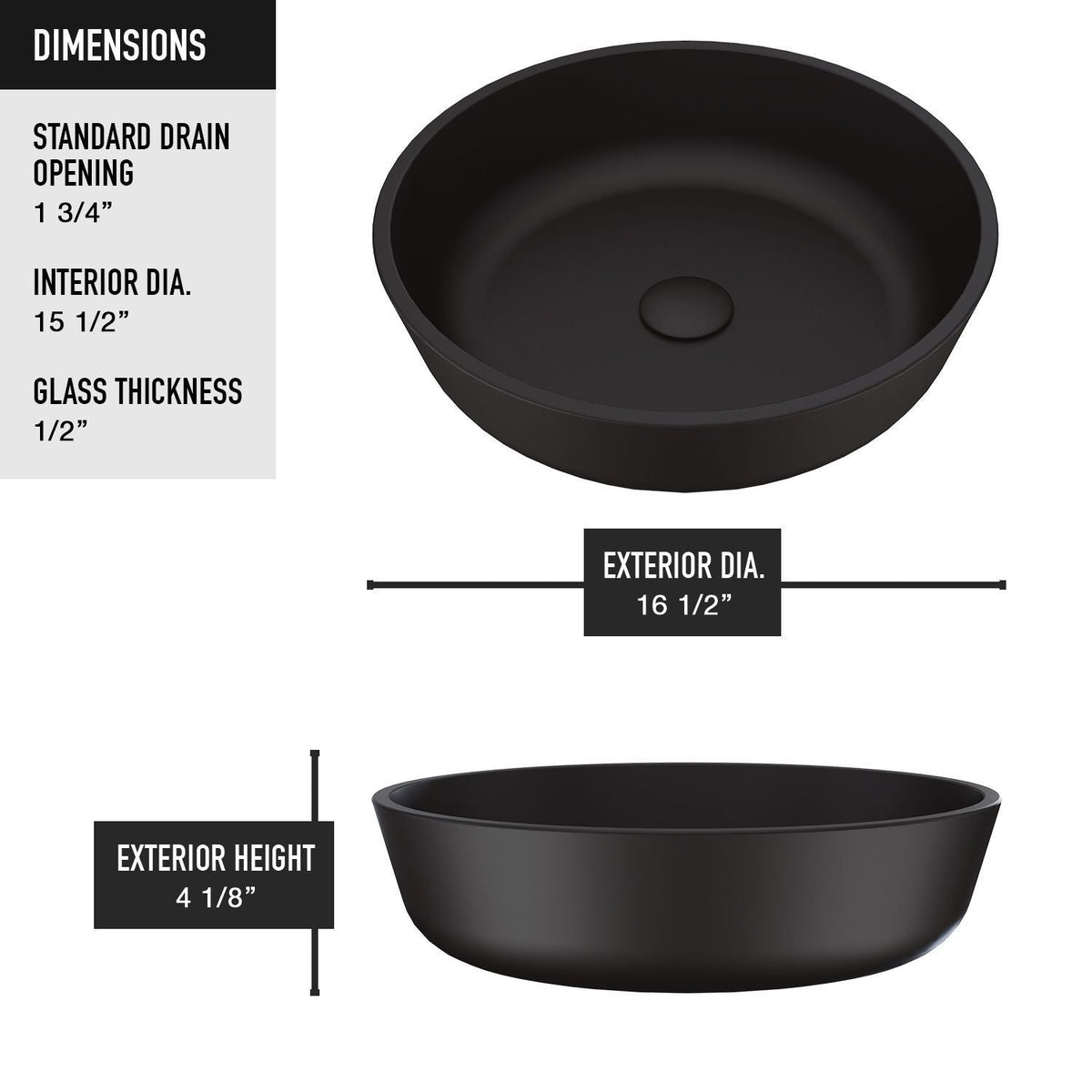 Modus Glass Round Vessel Bathroom Sink/Basin with Rounded Edges & Deep Bowl, Black