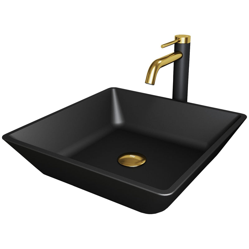 Roma Matte Black Bathroom Sink/Basin Set with Lexington Faucet and Glass Square Vessel Q7105