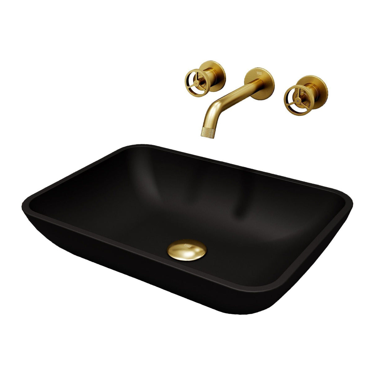 Sottile Matte Black Bathroom Sink/Basin Set with Cass Wall Mount Faucet and Glass Rectangular Vessel