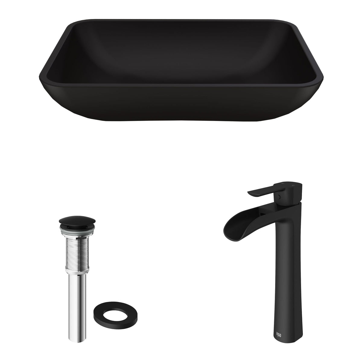 Sottile Matte Black Bathroom Sink/Basin Set with Niko Faucet and Glass Rectangular Vessel