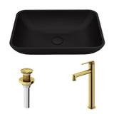 Sottile Matte Black Bathroom Sink/Basin Set with Sterling Faucet and Glass Rectangular Vessel