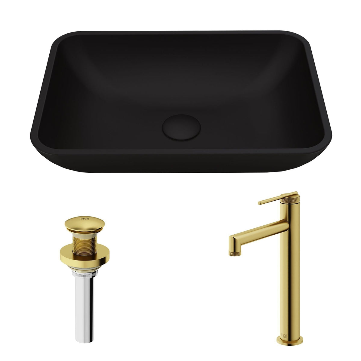 Sottile Matte Black Bathroom Sink/Basin Set with Sterling Faucet and Glass Rectangular Vessel