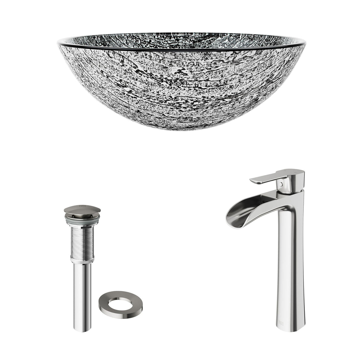 Titanium Glass Slate Grey Bathroom Sink/Basin Set with Niko Faucet and Round Vessel