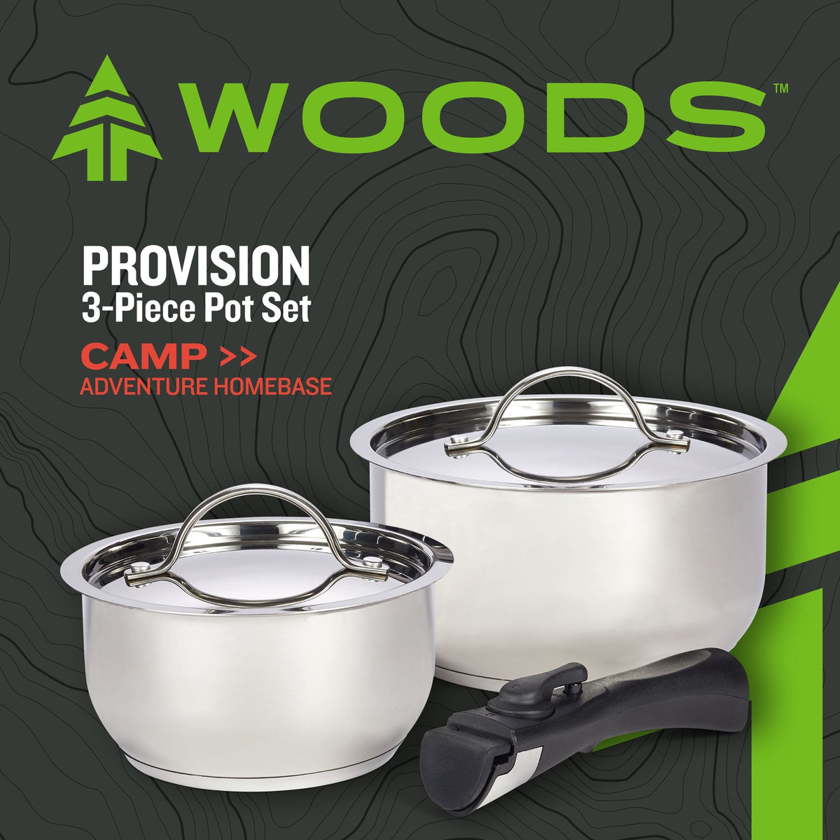 Woods Provision Stainless Steel Camping Cook Pot Set, Made in Canada, 3-pc